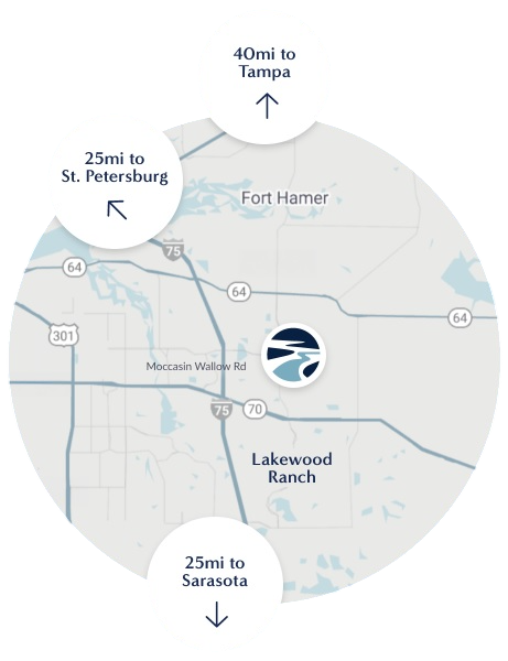 Area map of Riversong 40 miles to Tampa 25 miles to St.Petersburg 25 miles to Sarasota