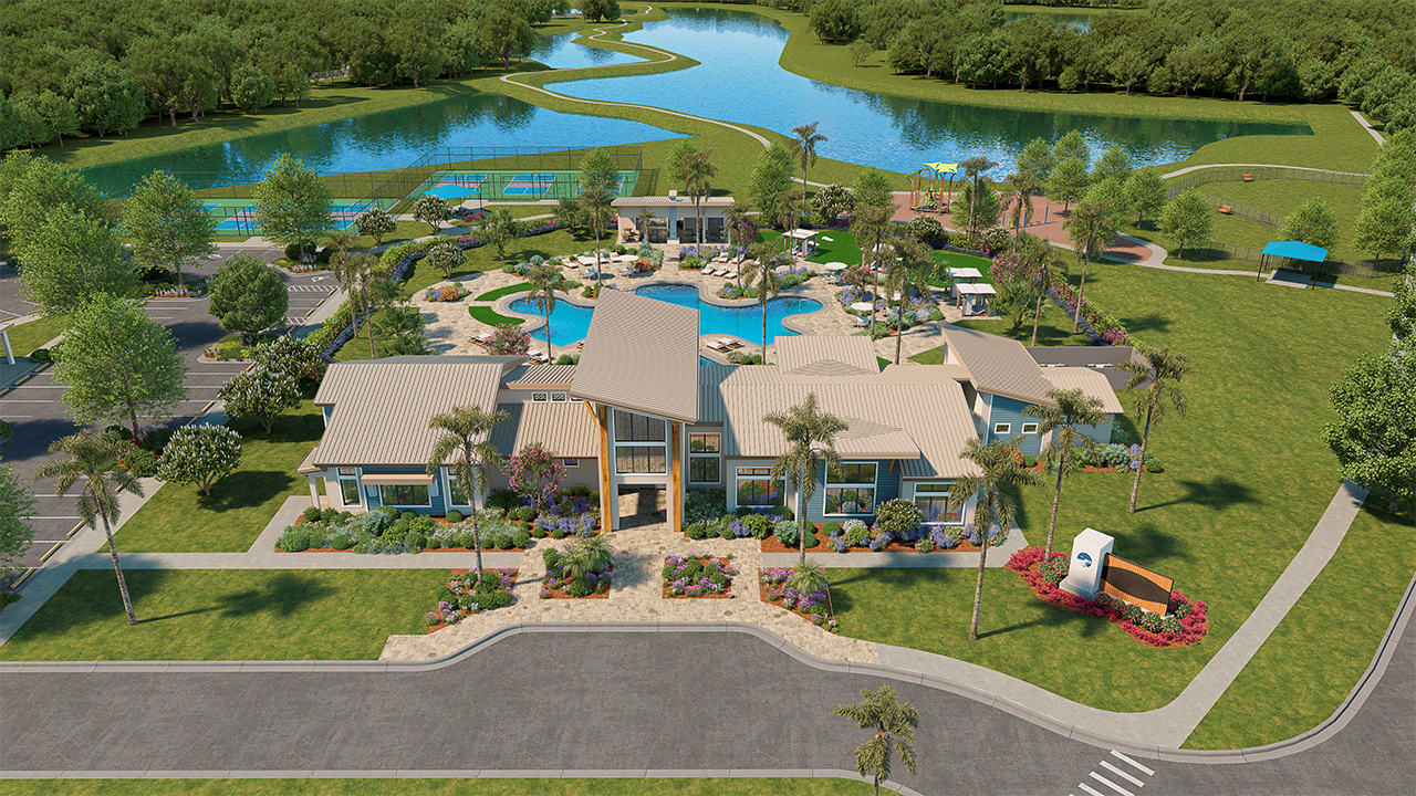 A slice of Riversong life is captured in this aerial rendering of the waterfront pool and amenity center.