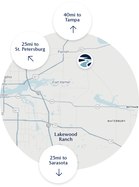 Area map of Riversong 40 miles to Tampa 25 miles to St.Petersburg 25 miles to Sarasota